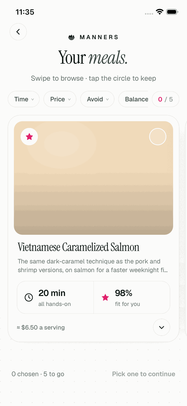 A dish card for Vietnamese Caramelized Salmon: 20 minutes all hands-on, 98% fit for you, about $6.50 a serving
