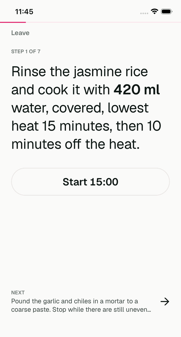 Cook mode: step 1 of 7 in large type, with a Start 15:00 timer button and the next step in the footer