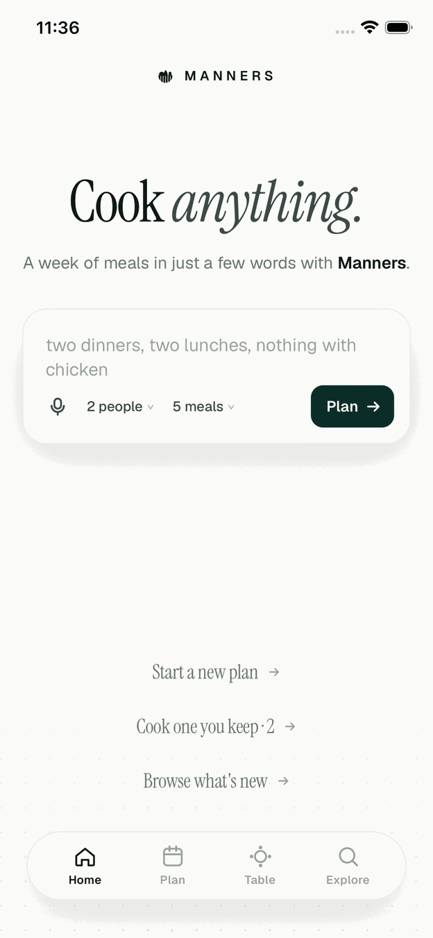 The Manners home screen: a composer that reads “two dinners, two lunches, nothing with chicken”, with controls for people and meals, and a Plan button.