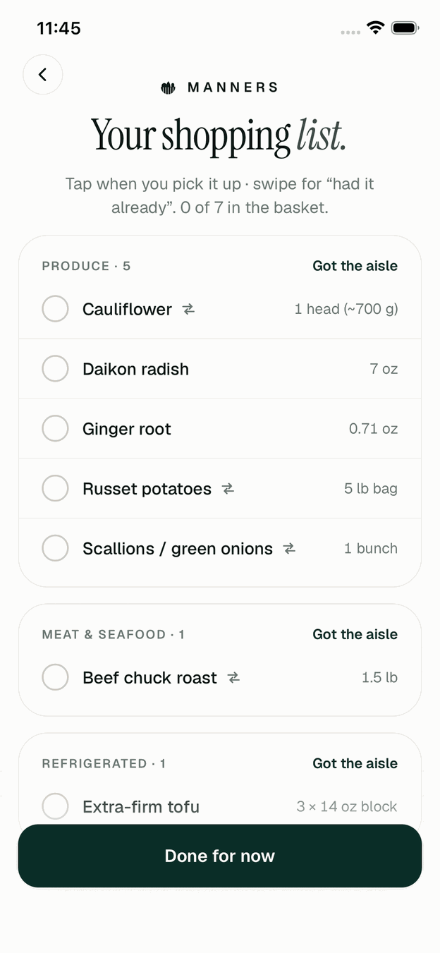 The shopping list grouped by aisle, with swap arrows beside ingredients that have a stand-in