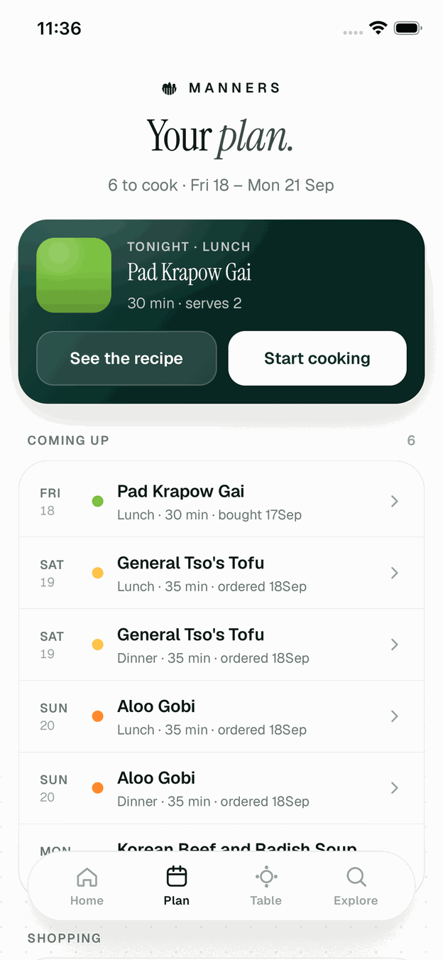 Your plan: tonight’s Pad Krapow Gai raised at the top, then the coming nights, each with its day, meal and whether the ingredients are bought or ordered